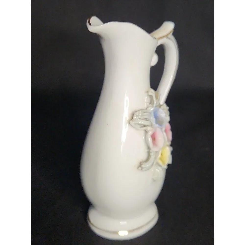 Cream Porcelain Pitcher Vase with Pastel Floral Appliqués and Gold Trim